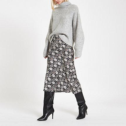 River Island Womens Snake Print Satin Bias Midi Skirt