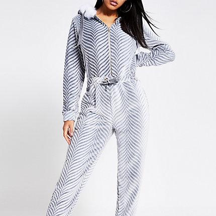 River Island Womens Herringbone Velour Faux Fur Onesie