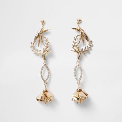 River Island Womens Gold Tone Bird Rhinestone Drop Earrings
