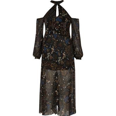 River Island Womens Floral Print Cold Shoulder Maxi Dress