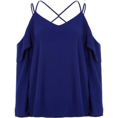 River Island Womens Cobalt Cold Shoulder Cross Neck Blouse