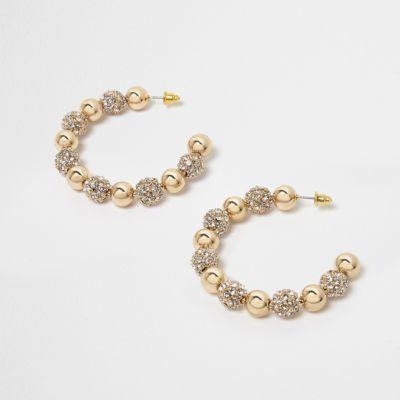River Island Womens Gold Tone Ball Rhinestone Pave Hoop Earrings