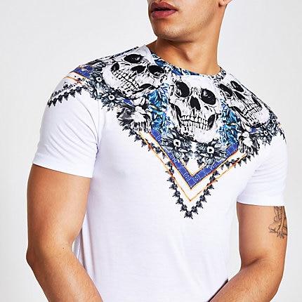 River Island Mens White Skull Print Slim Fit T-shirt