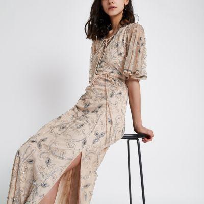 River Island Womens Nude Flute Sleeve Sequin Maxi Dress