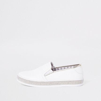 River Island Womens White Rhinestone Trim Plimsolls
