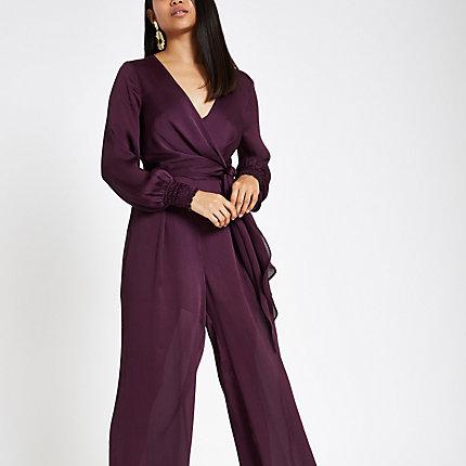 River Island Womens Petite Wrap Front Wide Leg Jumpsuit