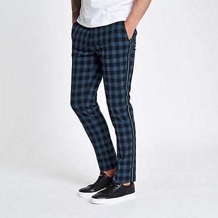 River Island Mens Check Skinny Fit Tape Pants