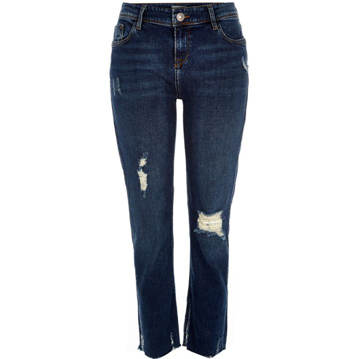 River Island Womens Dark Wash Ripped Hem Stevie Straight Jeans