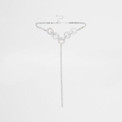 River Island Womens Silver Tone Diamante Circle Drop Choker