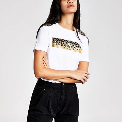 River Island Womens White Print Shoulder Embellished T-shirt