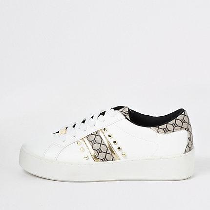 River Island Womens White Studded Ri Monogram Trainers