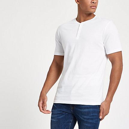 River Island Mens White Slim Fit Button Henley T-shirt