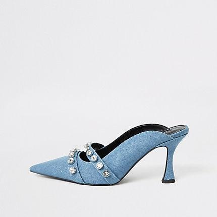 River Island Womens Denim Embellished Flare Heel Mule Sandal