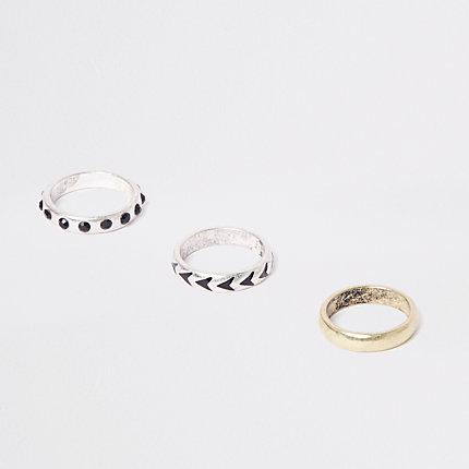 River Island Mens Silver Tone Rhinestone Ring Multipack