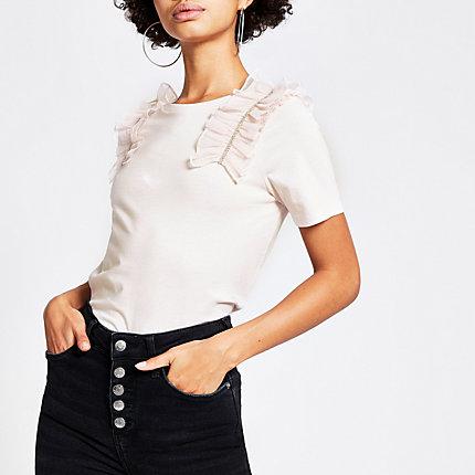 River Island Womens Diamante Mesh Ruffle T-shirt