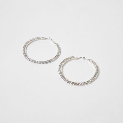River Island Womens Silver Tone Diamante Cup Chain Hoop Earrings