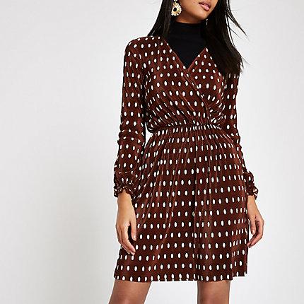 River Island Womens Spot Plisse Wrap Tea Dress