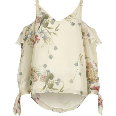 River Island Womens White Floral Print Cold Shoulder Frill Top