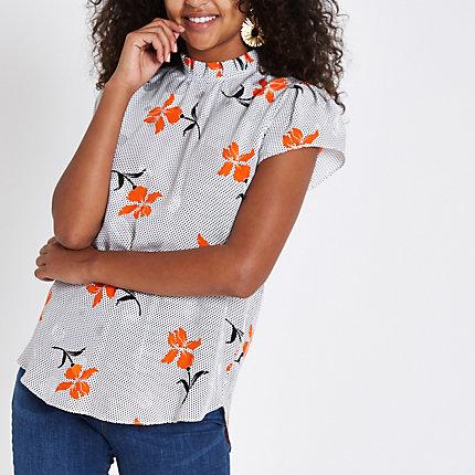 River Island Womens White Spot Floral Print Frill Neck Shell Top