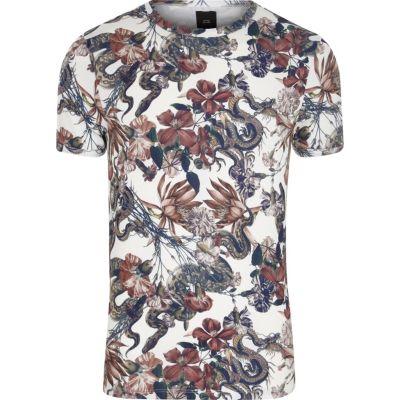 River Island Mens White Floral Snake Print Muscle Fit T-shirt