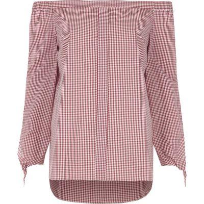 River Island Womens Gingham Check Tie Sleeve Bardot Shirt