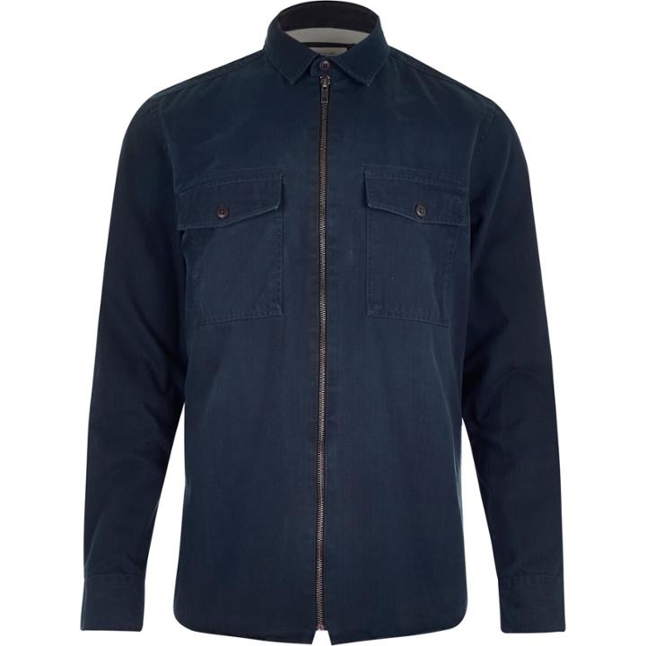 River Island Mensnavy Zip-up Two Pocket Shirt