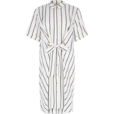 River Island Womens White Stripe Eyelet Tie Front Shirt Dress