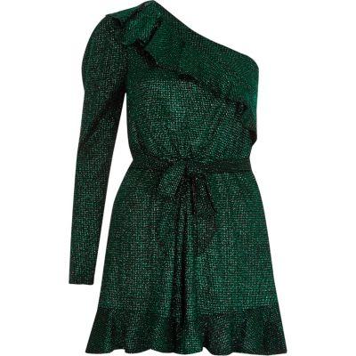 River Island Womens Glitter One Shoulder Frill Playsuit