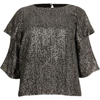 River Island Womens Plus Metallic Sequin Frill Sleeve Top