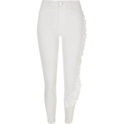 River Island Womens White Ruffle Side Amelie Super Skinny Jeans