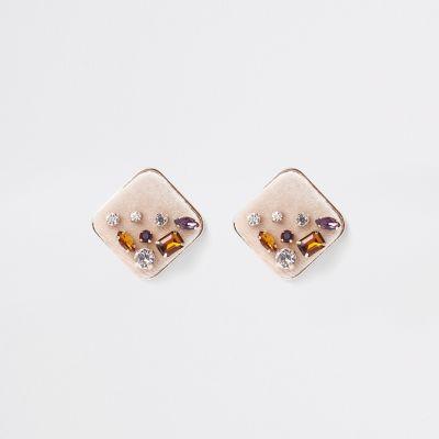 River Island Womens Gold Tone Diamante Jewel Square Earrings
