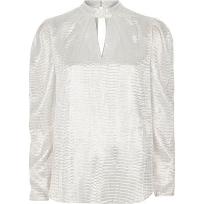 River Island Womens White Textured Satin Puff Sleeve Top