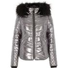 River Island Womens Silver Metallic Faux Fur Trim Padded Jacket