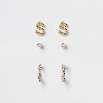 River Island Womens Gold Plated 's' Cubic Zirconia Stud Multipack