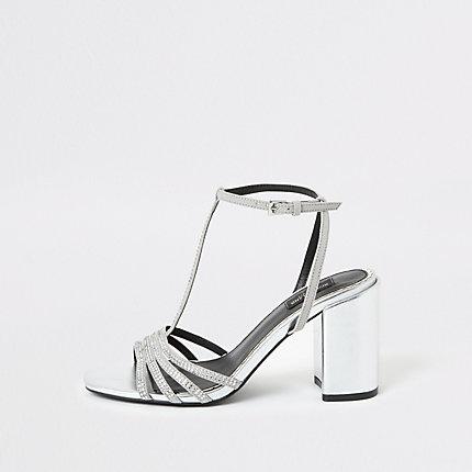 River Island Womens Silver Diamante T-bar Wide Fit Sandal