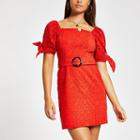 River Island Womens Broderie Belted Puff Sleeve Dress