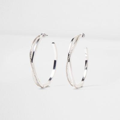 River Island Womens Silver Tone Rhinestone Pave Twist Hoop Earrings