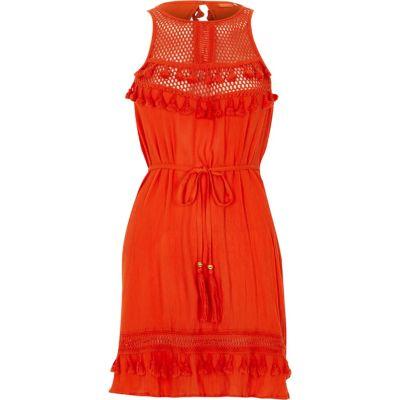 River Island Womens Mesh Insert Tassel Trim Beach Dress