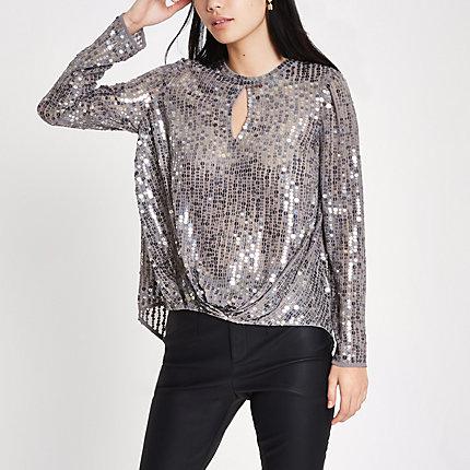 River Island Womens Sequin Tuck Front Long Sleeve Top