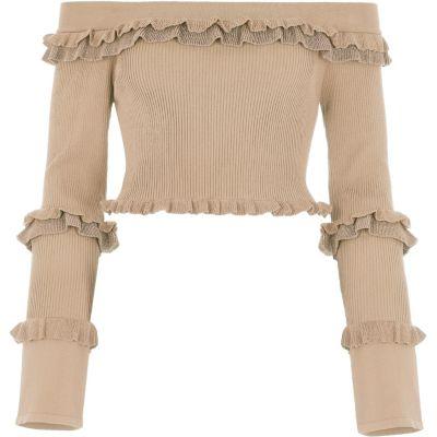 River Island Womens Frill Knit Bardot Cropped Top