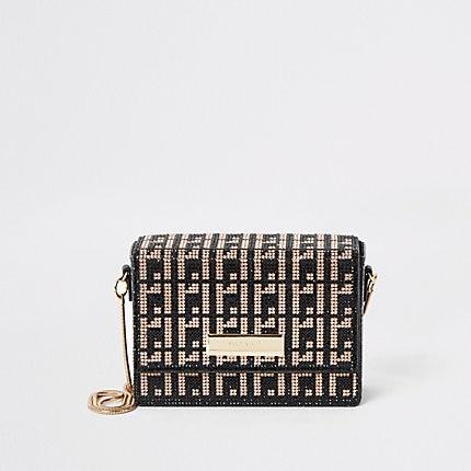 River Island Womens Gold Ri Monogram Diamante Min Cross Body Bag