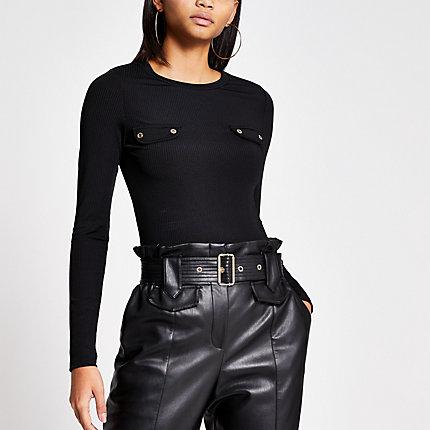River Island Womens Long Sleeve Chest Pocket Ribbed Top
