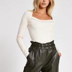 River Island Womens Long Sleeve Diamante Neck Ribbed Top