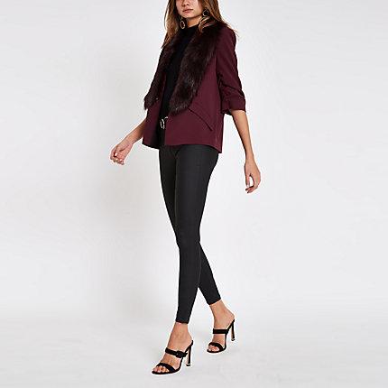River Island Womens Faux Fur Trim Ruched Sleeve Blazer