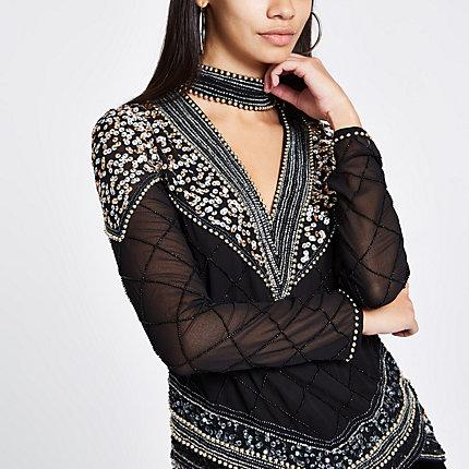 River Island Womens Sequin Embellished Choker Neck Top