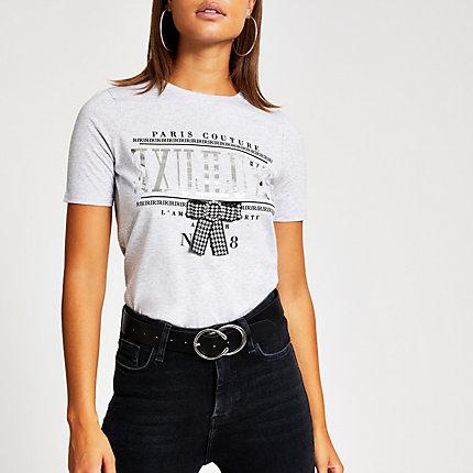 River Island Womens Embellished Bow Print T-shirt