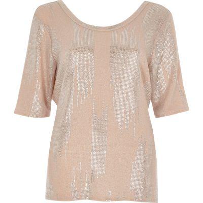 River Island Womens Nude Metallic Print Wrap Back T-shirt