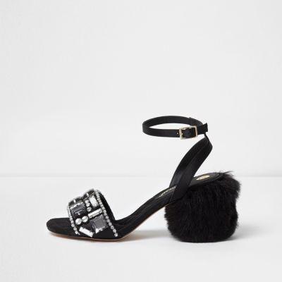 River Island Womens Embellished Faux Fur Block Heel Sandals