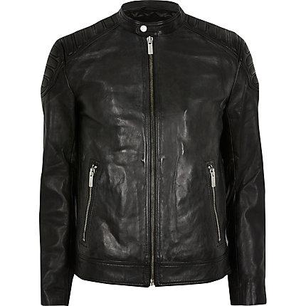 River Island Mens Superdry Leather Racer Neck Jacket