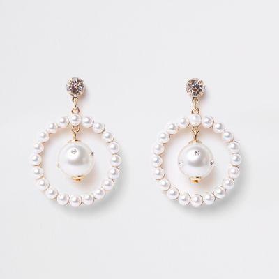 River Island Womens Gold Tone Pearl Hoop Drop Earrings
